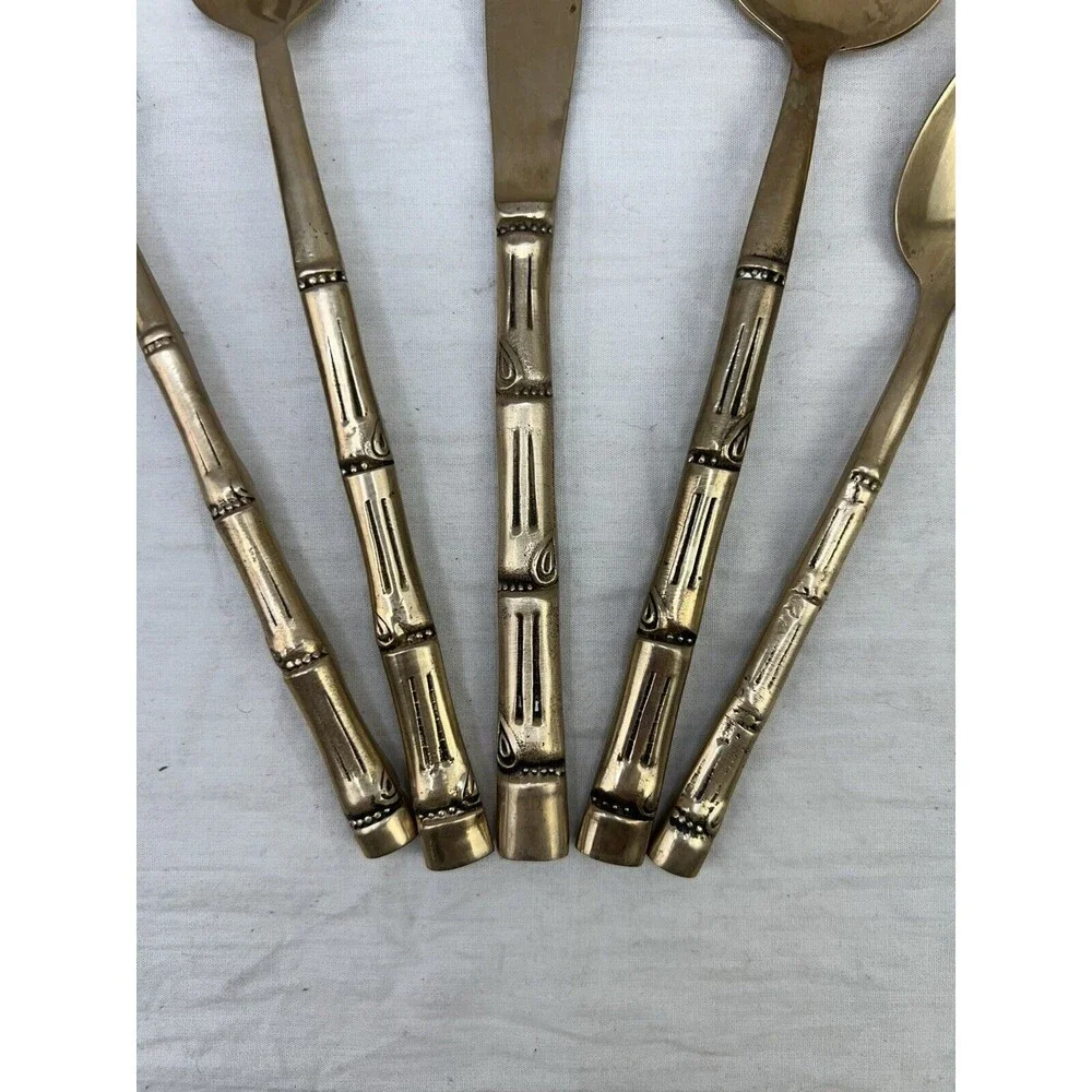 Vtg MCM Nickel Bronze Faux Bamboo Flatware 5 PCs Set Server 1 Retro‎ Decor